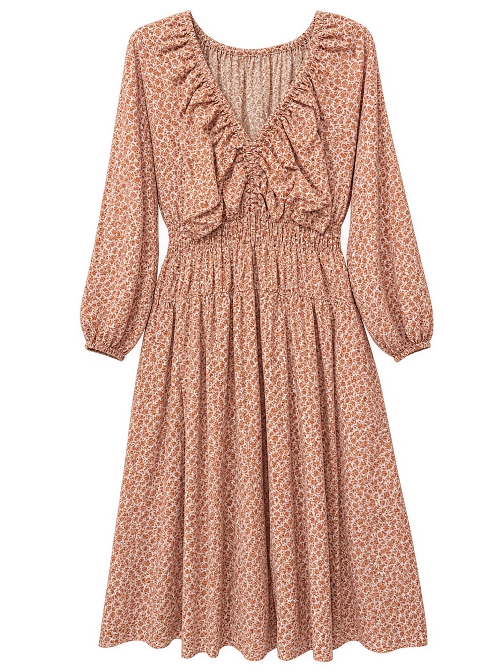 Terra & Sky Rust Floral Ruffle Smocked Midi Dress